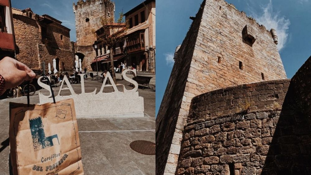 Conjunto monumental de Salas con la bolsa imprescindible de los carajitos del Profesor y la torre medieval / Javier Llavona