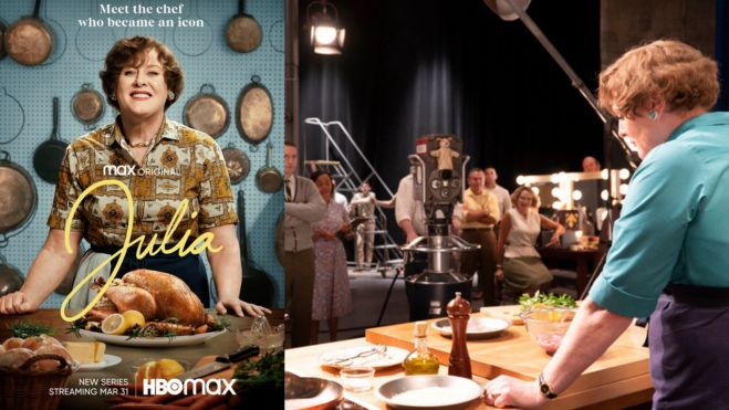 Cartel original de la serie y una escena en la que Julia ya cocina en el set de The French Chef / Fotos: Warner Media - Seacia Pavao 