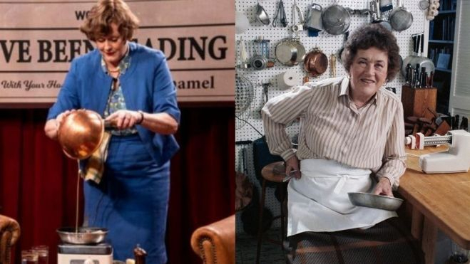 Sarah Lancashire en el papel protagonista y la verdadera Julia Child en su cocina / Composición: Hule y Mantel