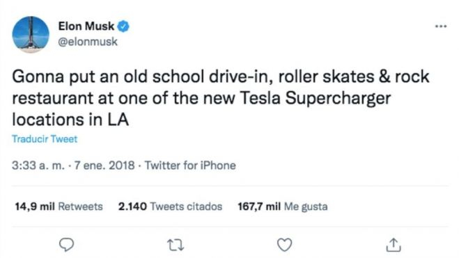 El primer tuit de Elon Musk sobre el restaurante, en 2018 / Foto: Captura de Twitter