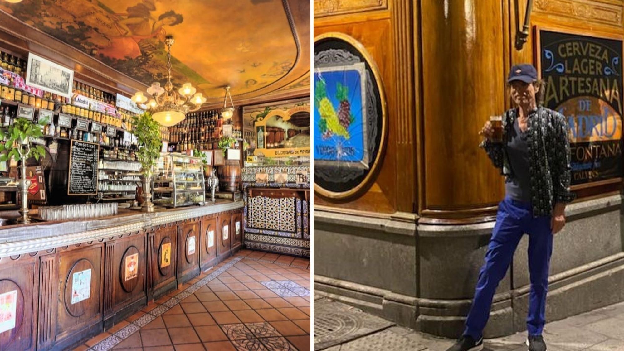 Interior de la taberna Ángel Sierra y la foto de Mick Jagger en el exterior de la taberna con una cerveza