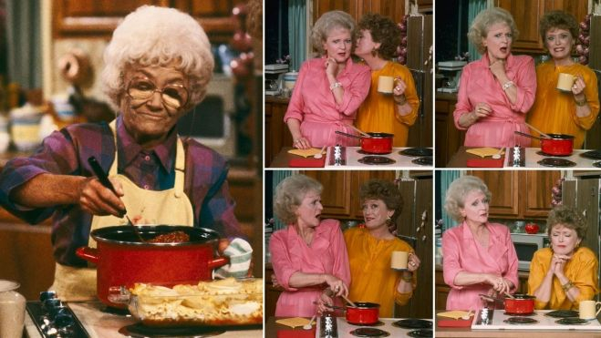 Sophia preparando su lasagna de Sicilia / Fotos de Rose y Blanche compartiendo secretos en la cocina