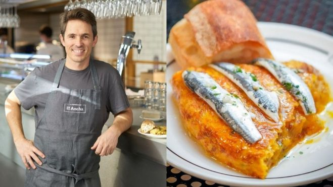Nino Redruello en la barra de La taberna de La Ancha y un pincho de tortilla servido con boquerones / Fotos: Instagram