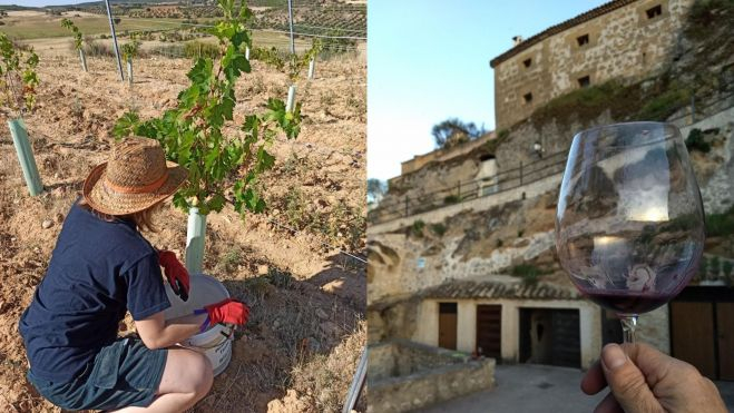 Maribel en el viñedo y una copa de vino con la bodega-cueva de fondo / Foto: Vinos Artesanos Altomira