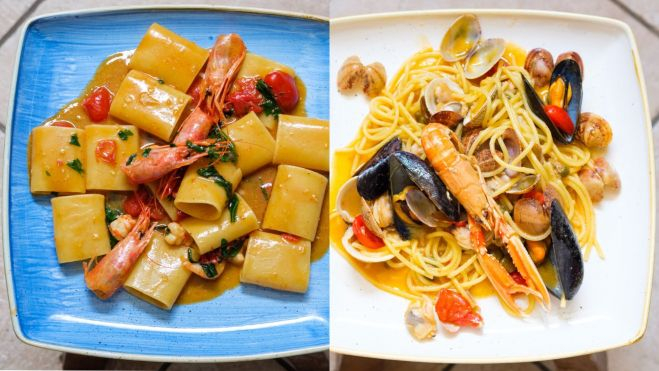 Dos platos de pasta marinera (los paccheri a la izquierda) / Foto: Facebook