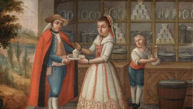 Detalle de una botillería en el cuadro "De Español y Morisca, Albino", de Ramón Torres (s.XVIII)
