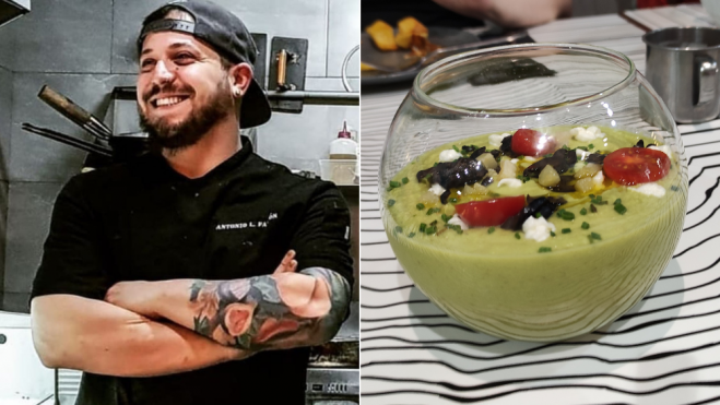 El chef Antonio Falcón y el salmorejo de manzana ácida de Agallas / Foto: Instagram y Òscar Gómez