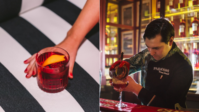 Vaso de negroni y Giacomo Gianotti elaborando una versión del mismo cóctel / Foto: Facebook Campari Vaso de negroni y Giacomo Gianotti elaborando una versión del mismo cóctel / Foto: Facebook Campari