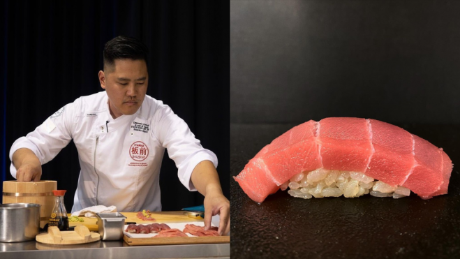Steven en el concurso ITAMAE Balfegó y pieza de sushi con chutoro / Foto: Instagram