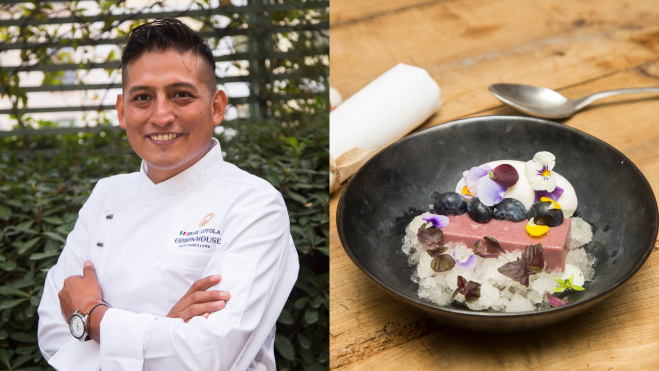 El chef Israel Loyola y uno de los platos que ofrecerá en Cotton House / Foto: Marta Becerra