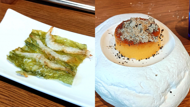 Tortillita de alga y camarón y tocino de cielo en Yoko Experience / Foto: Gemma Burgos