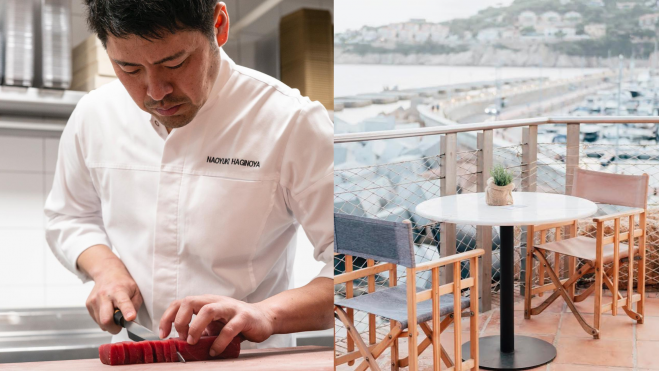 El chef Naoyuki Haginoya y la terraza del Nomo Nàutic / Foto: Facebook