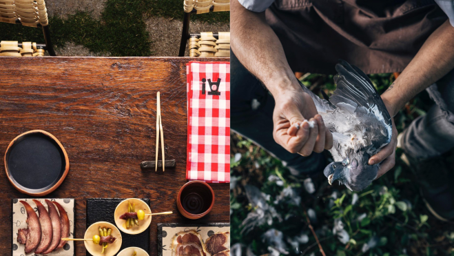 El almuerzo de ARREA! y el chef con una paloma / Foto: redes sociales