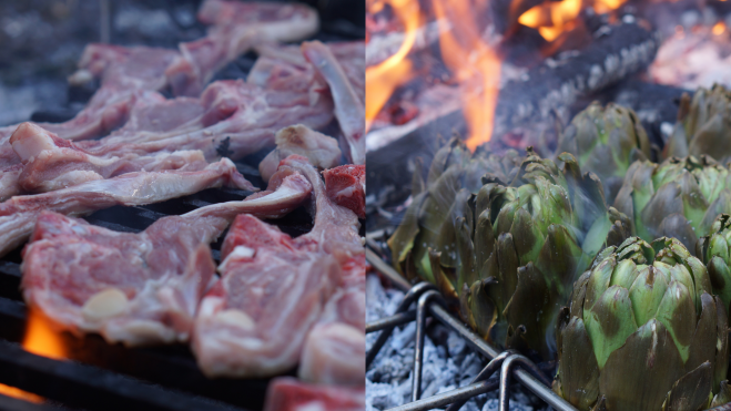 Cordero y alcachofas al fuego en una calçotada / Foto: Txaber Allué