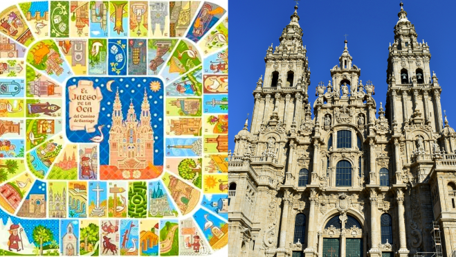 Juego de la oca del Camino y fachada de la Catedral de Santiago de Compostela / Foto: redes y Canva