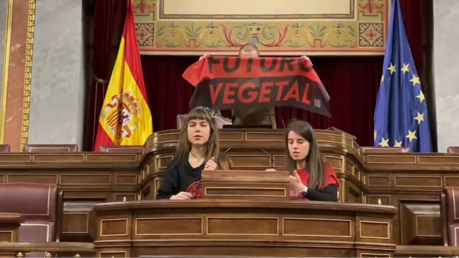 Activistas de Futuro Vegetal pegan sus manos a los micrófonos del Congreso de los Diputados / Foto: web