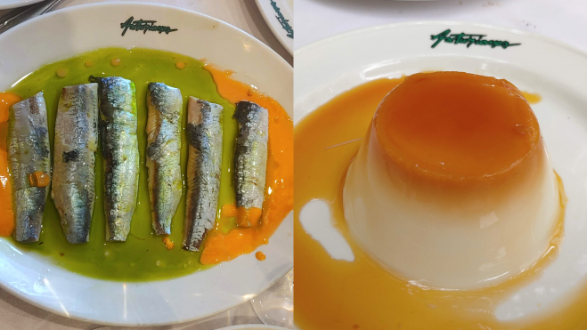 Sardinas marinadas y flan de queso de Asturianos / Foto: Rogelio Enríquez 