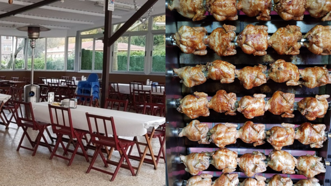 Mesas en comedor exterior y pollos asados en la Cervecería Arbolantza / Foto: Facebook