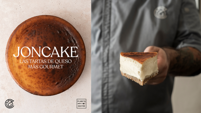 Portada del libro de Jon Cake y una de sus tartas de queso / Foto: cedida Planeta Gastro