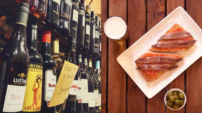 Estantería de vinos y tosta con anchoas en Alimentación Quiroga / Foto: Instagram y web