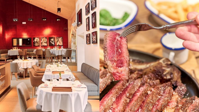 Salón interior y plato de carne de Marcela Brasa y Vinos / Foto: Facebook