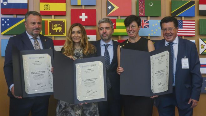 Los representantes de las tres regiones recogen la distinción en Roma / Foto: Raúl Martínez Mendo / EFE