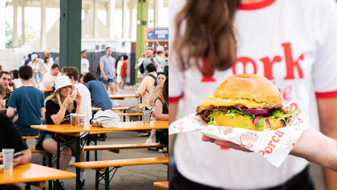 Zona de restauración del Primavera Sound Barcelona y hamburguesa de La Porca / Foto: Instagram Verbena Foodie