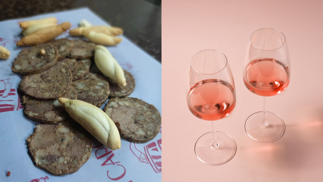 Morcilla de hígado de la Bodega Carol y copas de vino rosado / Foto: Instagram y Canva