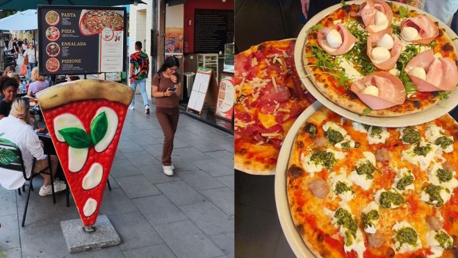 Terraza, entrada y pizzas de La Pizza Loca / Foto: J.L.Alegre y Facebook
