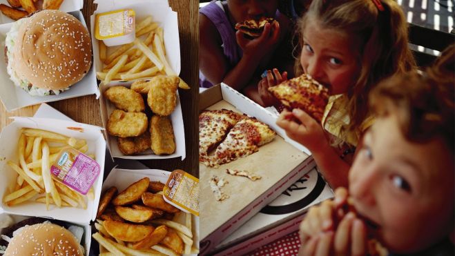 Hamburguesas y niños comiendo pizza / Foto: Canva