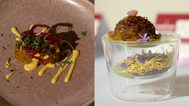 La croqueta de cochinita pibil de Salsa Street Food y el 'peu amb bola' de Can Culleres / Foto cedida La croqueta de cochinita pibil de Salsa Street Food y el 'peu amb bola' de Can Culleres / Foto cedida
