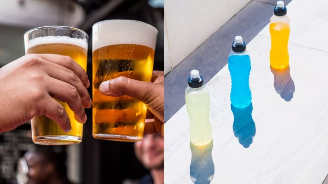 Vasos de cerveza y botellas de bebidas energizantes / Foto: Canva