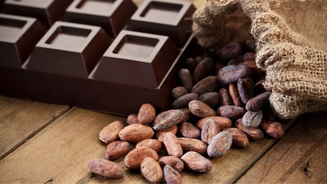 Una tableta de chocolate negro con granos de cacao / Foto: Canva