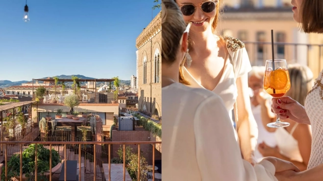 La terraza a distintos niveles de Angel Rooftop y clientas tomando un spritz / Foto: Instagram