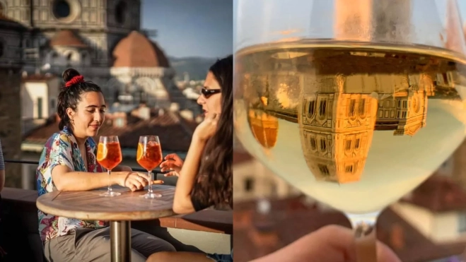 Chicas tomando un spritz y copa de vino con reflejo del Duomo / Foto: Instagram