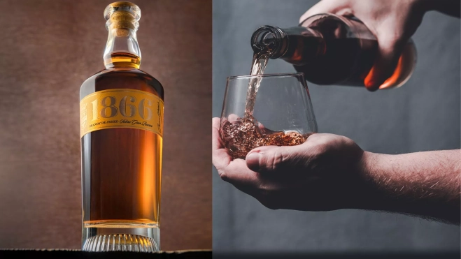 Brandy 1866 y una persona sirviéndose una copa de brandy / Foto: RRSS y Canva