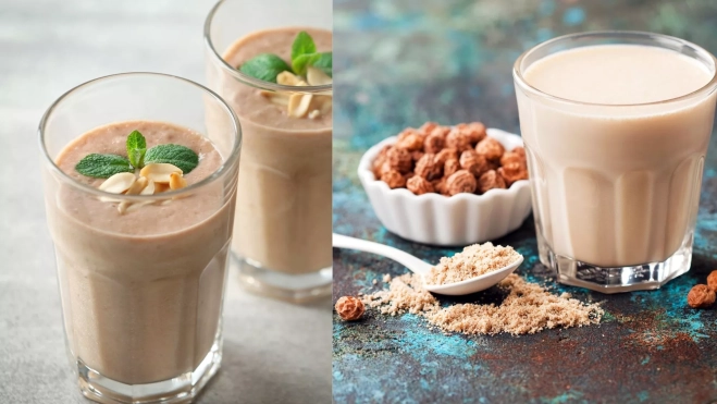 Dos vasos de bebida de chufa con menta y cacahuete y bebida de chufa en polvo / Foto: Canva