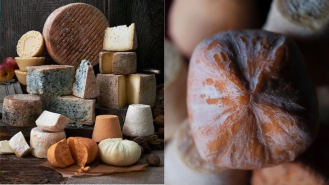 Bodegón de quesos asturianos y detalle del queso afuega'l pitu / Foto: web