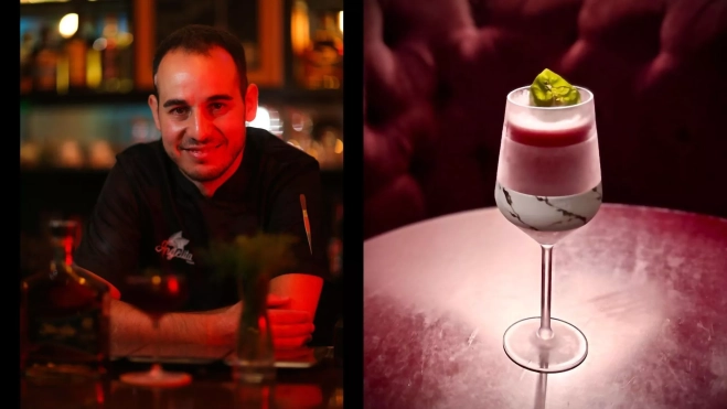 El bartender Mario Villalón y un cóctel de Angelita / Foto: Facebook e Instagram
