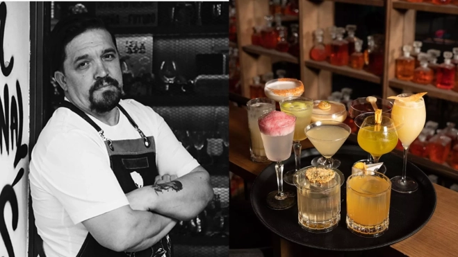 El bartender Carlos Moreno y una mesa repleta de cócteles en Harrison 1933 / Foto: redes e Instagram