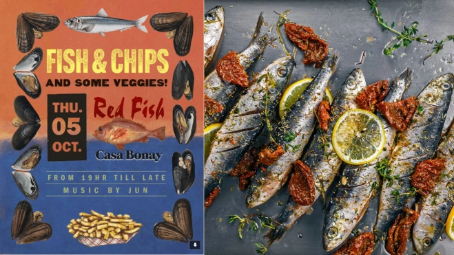 Cartel del evento Fish and Chips y sardinas asadas / Foto: Casa Bonay y Canva