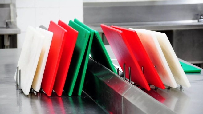 Tablas para cortar de distintos colores en una cocina profesional / Foto: Canva Tablas para cortar de distintos colores en una cocina profesional / Foto: Canva