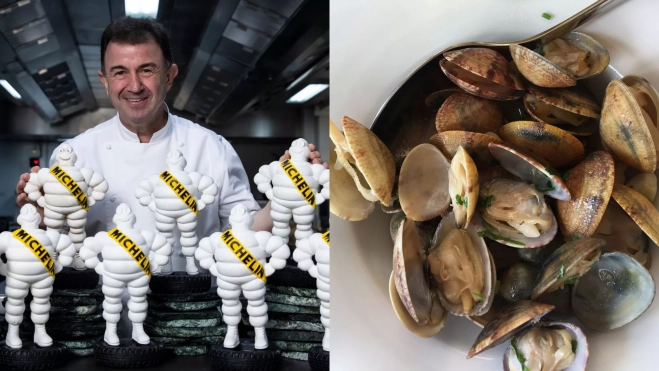 El chef Martín Berasategui y un plato de almejas a la marinera / Foto cedida y Canva