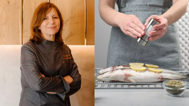 La chef Esther Manzano y preparación de una lubina a la sal / Foto: web y Canva