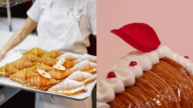 Bandeja de croissants de Brunells y detalle de su croissant de Sant Jordi / Foto: Instagram
