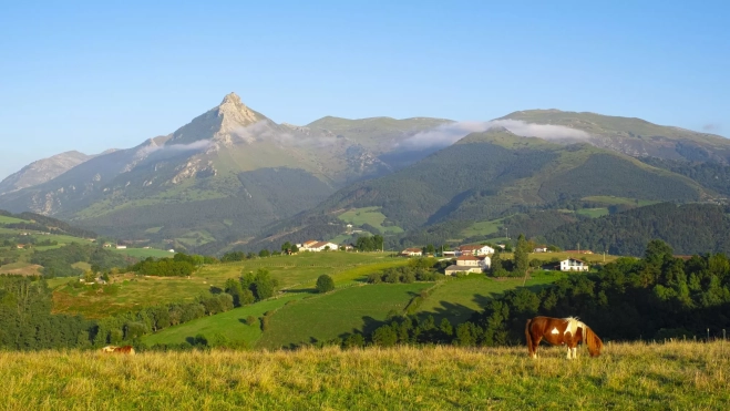 Caballo pasturando en la zona de Lazcao con el monte Txindoki al fondo / Foto: Canva