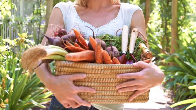 Mujer sujetando un cesto de hortalizas, recomendadas en una dieta antiinflamatoria / Foto: Canva Mujer sujetando un cesto de hortalizas, recomendadas en una dieta antiinflamatoria / Foto: Canva