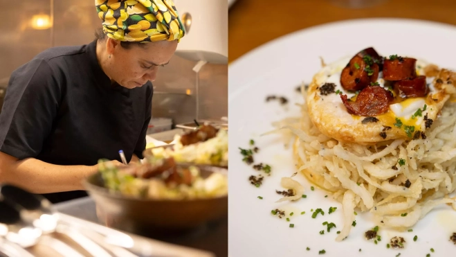 La chef Danielli Simoes de Oliveira y los huevos con chanquetes de Rumbla / Foto cedida La chef Danielli Simoes de Oliveira y los huevos con chanquetes de Rumbla / Foto cedida