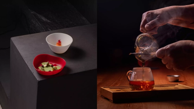 Ensalada y sorbete de tomates en Gofio (Madrid) y su maridaje con té / Cedida Ensalada y sorbete de tomates en Gofio (Madrid) y su maridaje con té / Cedida