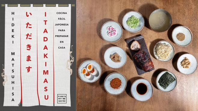 Portada del libro 'Itadakimasu' e ingredientes para elaborar ramen / Planeta Gastro
